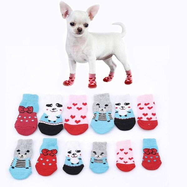 Katzenkostüme, 4 Stück, warme Welpen-Hunde-Socken, weiches Haustier-Strick, niedliche Cartoon-Anti-Rutsch-Schuhe, für kleine und mittelgroße Hunde