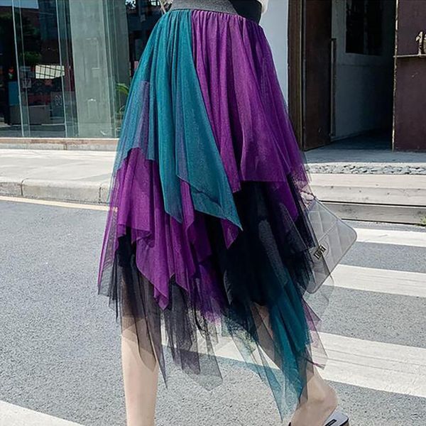 

skirts fashion women spring summer patchwork elastic high waist long mesh skirt irregular pleated tutu tulle faldas femininas#35, Black