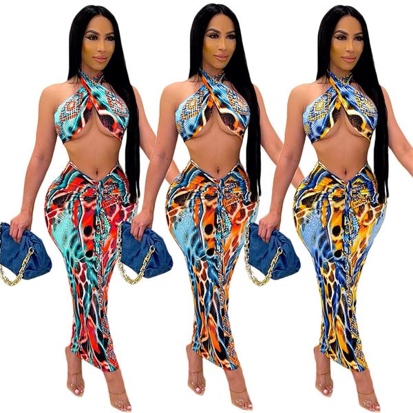 

women casual two piece dress fashion trend printing backless wrap chest skirts 2pcs sets designer summer female pleated hip skirt suits, White