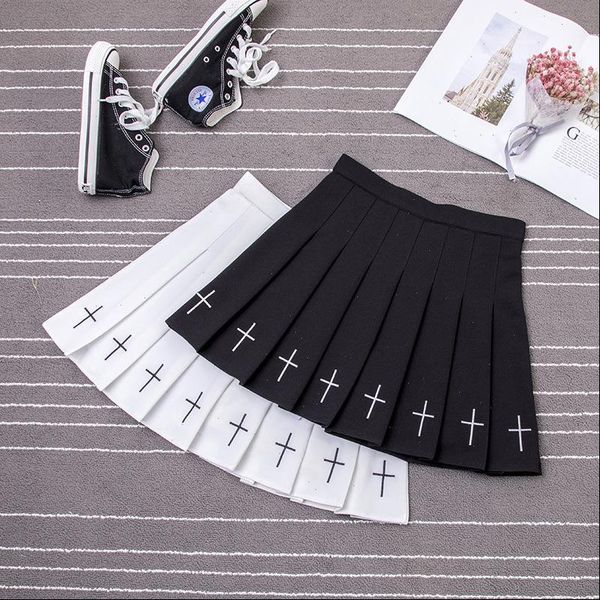 

s xl pleated skirt women harajuku sweet fresh feeling high waist elastic cross embroidery, Black