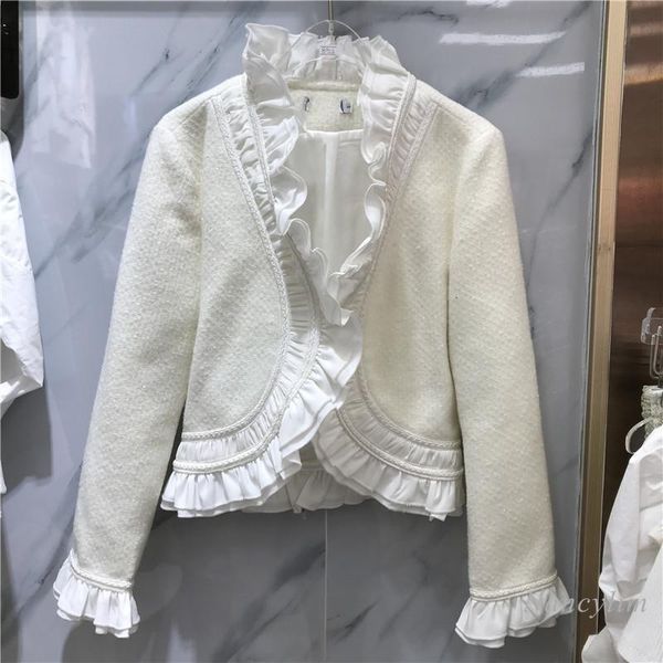 

women's jackets ruffled v collar coat women spring autumn design pleated ribbon slim woolen jacket lady chic 2021, Black;brown