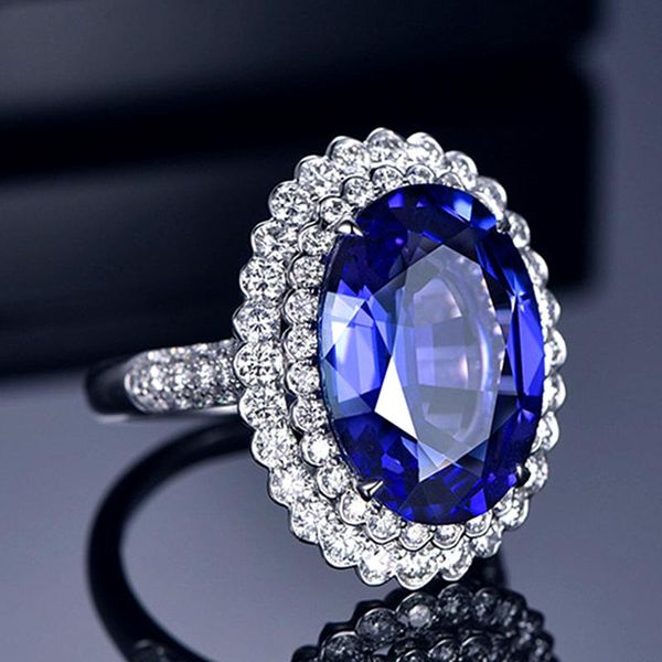 

cluster rings big sapphire gemstones diamonds for women blue crystal 18k white gold silver 925 luxury jewelry argent bijoux party gift, Golden;silver