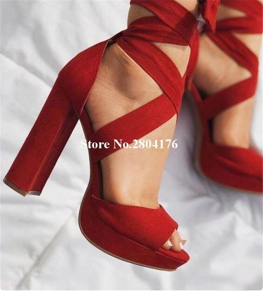 

summer fashion women open toe suede leather high platform chinky heel gladiator sandals lace-up straps wrap sandal, Black