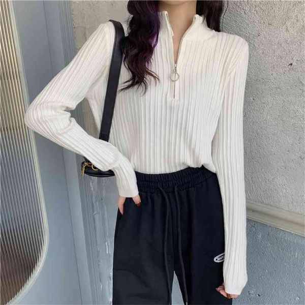 

autumn/winter slim half high neck zipper short with white long-sleeved sweater women gx1493 210507, White;black