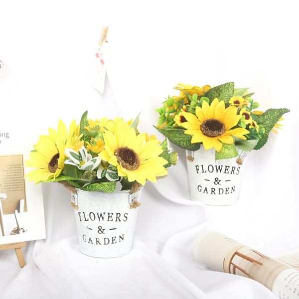 

mini bonsai with a iron vase potted plant artificial sunflowers for wedding decoration fake flowers home garden party supplies decorative &