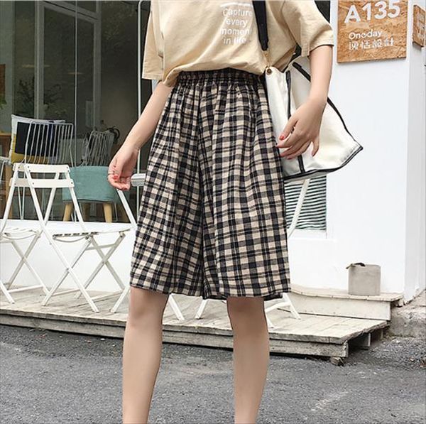 

streetwear style loose casual women capri knee length summer elastic waist plaid 5xl plus size wide leg fw939, Black;white