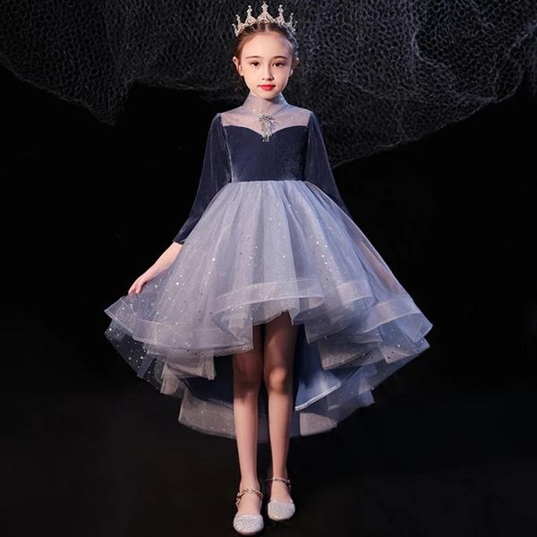 

girl's dresses flower girl for weddings high collar 3/4 sleeves tulle kids party communion dress sequined ball gown, Red;yellow