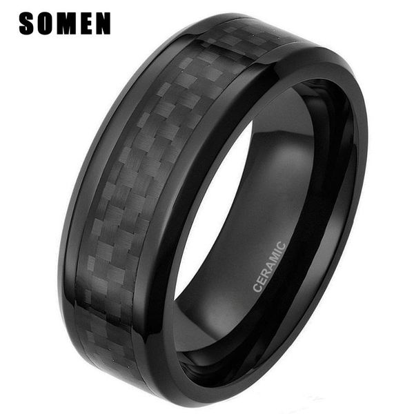 

wedding rings 8mm men's ceramic ring black carbon fiber inlay for male engagement band anillos fashion mens jewelry friends gift, Slivery;golden