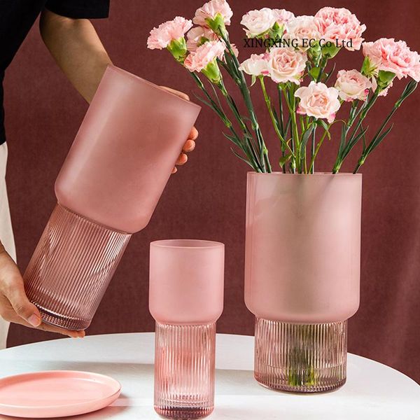

vases pink frosted texture glass vase modern minimalist creative cylindrical hydroponic flower arrangement accessories home decoration