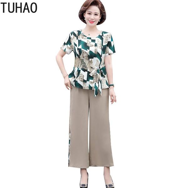

plus size tracksuits tuhao women vintage elegant sets 2021 summer short-sleeved shirt + pant two-piece suit 4xl 3xl female set