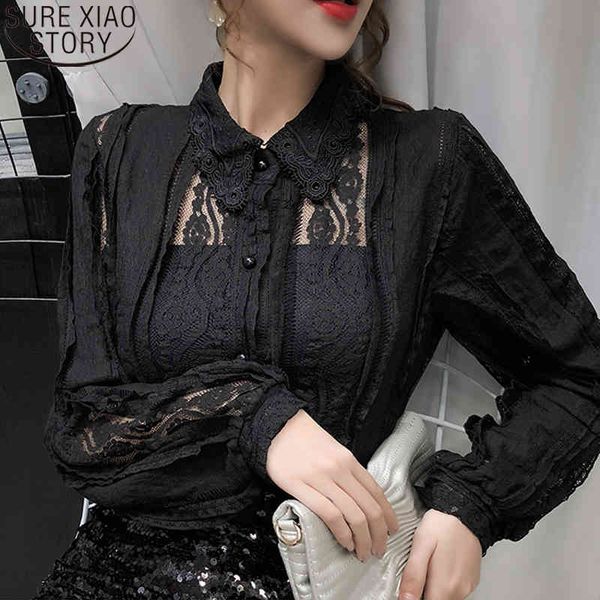 

apricot black blouses autumn long sleeve lace shirts women cotton slightly through hollow out lapel clothes 10457 210417, White