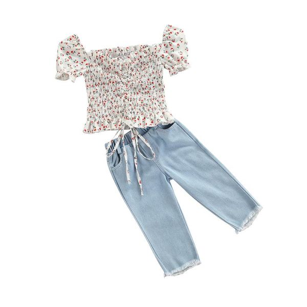 

2pcs baby girl summer casual outfits, floral square collar puff sleeve drawstring shirt+solid color frayed raw hem jeans clothing sets, White