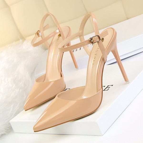 

womens sandals .5cm simple stiletto high heels shallow pointed toe patent leather nightclub women fashion shoes 11 colors dress, Black