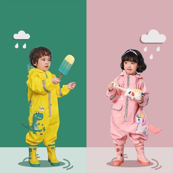 

2 9 years children fashionable waterproof jumpsuit raincoat hooded cartoon unicorn kids one piece suit baby sets, White