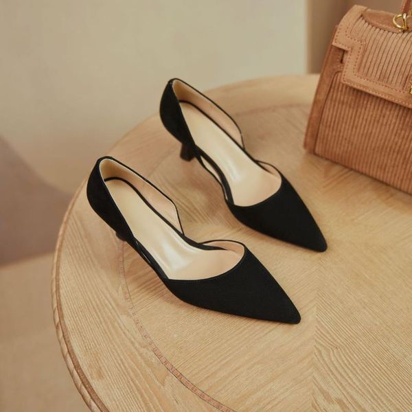 

full leather size retreat elegant commuter 2021 spring and summer cowhide pointed toe stiletto heel side empty single shoes dress, Black