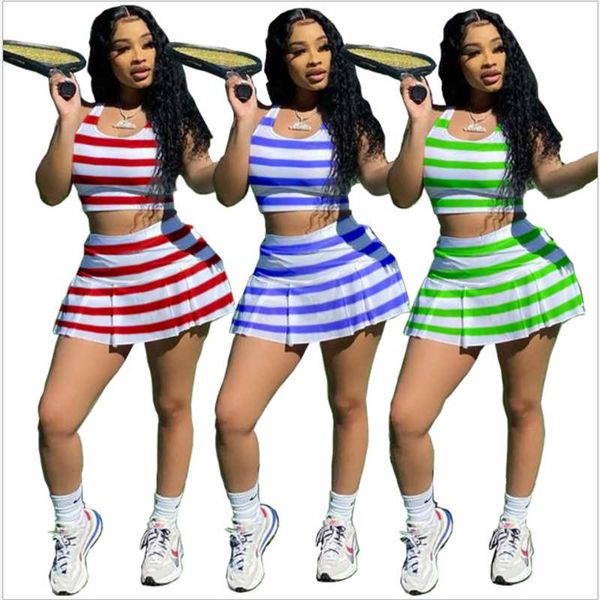 

women's tracksuits striped print o neck crop and mini skirt set summer casual 2 pieces clothes female, Gray