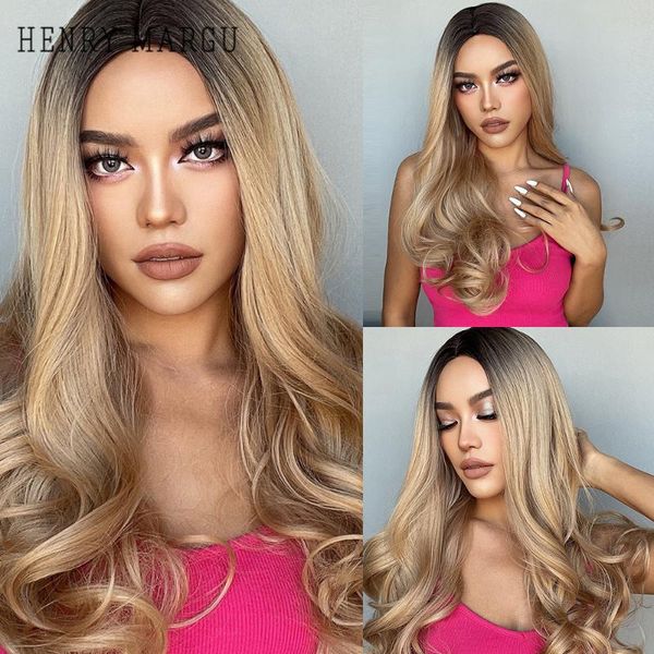 

synthetic wigs henry margu long wavy ombre blonde brown natural hair wig with dark roots for women cosplay party heat resistant, Black