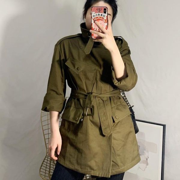 

women's trench coats spring autumn stand collar windbreaker women belted loose khaki coat, Tan;black