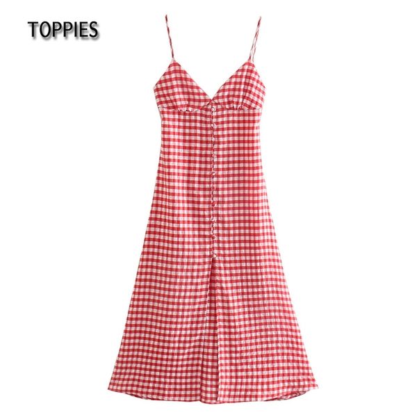 Toppies vermelho xadrez algodão maxi vestido sexy sundress vestido verão mulher volta atadura uma linha vestido front split 210412