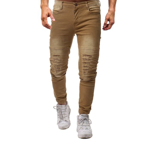 

Men's Fashion Pure Jeans Color Washed Hole Pleated Denim Pants, Black
