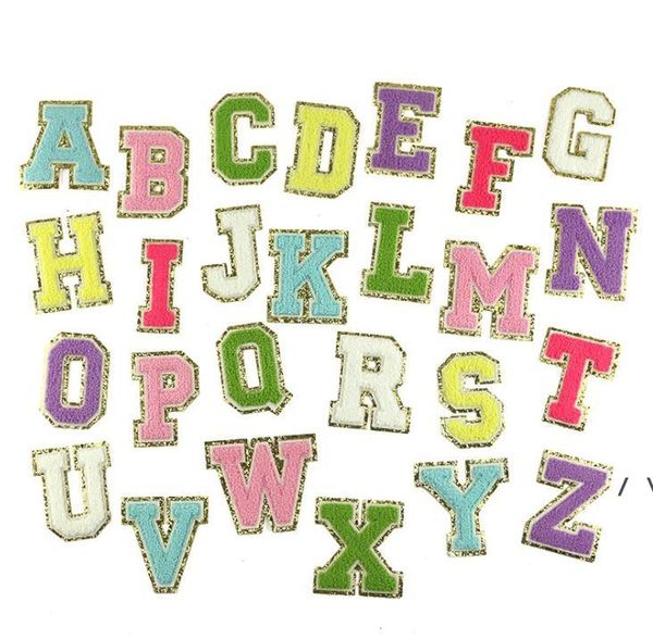 

mix color chenille fabric gold glitter letters patches towel embroidery rainbow gritt alphabet iron on lovely sticker name rrb14456