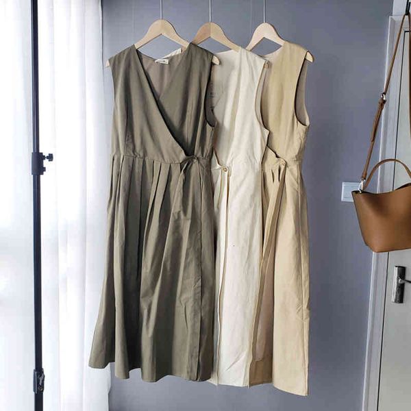 

casual dresses sleeveless khaki v-neck cotton midi for women summer korean fashion, Black;gray