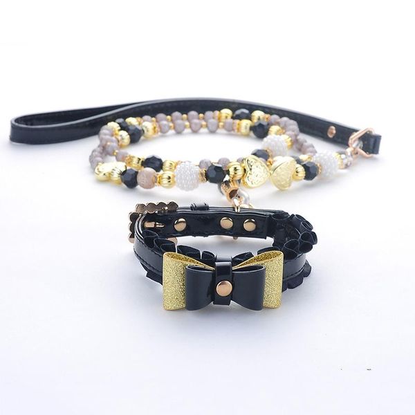 

dog collars & leashes pet leash adjustable pu leather black artificial pearl bling studded cat collar for necklace