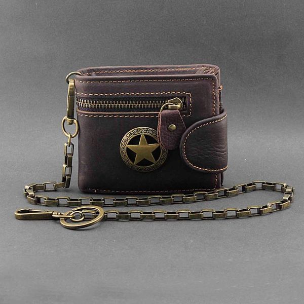 

star genuine leather zipper card money mens wallet with chain, Red;black