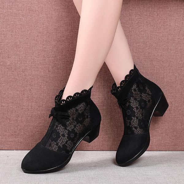 

boots summer middle heel short women's spring and autumn single frosted leather mesh shoes hollow, Black
