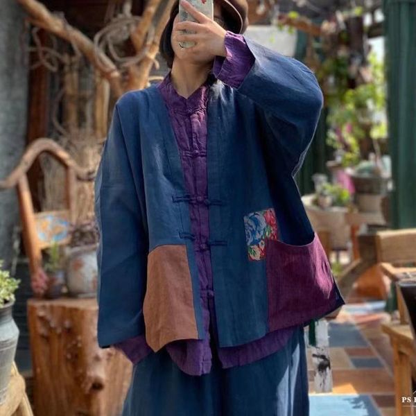 

women's jackets fairynatural ladies vintage cotton linen spring autumn coats button v-neck long sleeve 2021 female loose chinese style, Black;brown