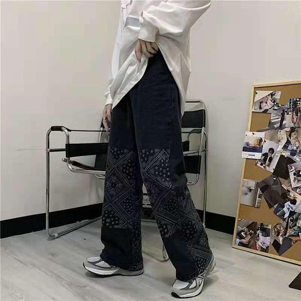 

men's jeans high street cashew flower print patchwork straight loose mens denim trousers harajuku retro oversize casual vibe pants, Blue