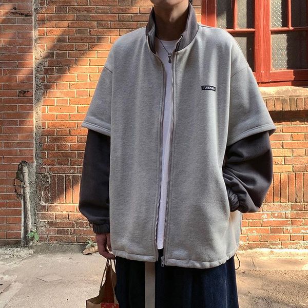 

men's hoodies & sweatshirts cardigan hoodie fashion hit color cotton casual stand collar sweatshirt men streetwear wild loose hip hop m, Black