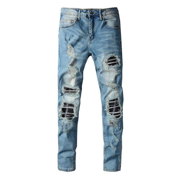 Herren-Jeans, Großhandel, Marken-Designer-Jeans, abgestufter Reißverschluss, gerissen, Spleißen, gerade, bequem, Motorrad-Biker, Stretch, schmal, Hip-Hop-Denim, Skinny-Luxushose