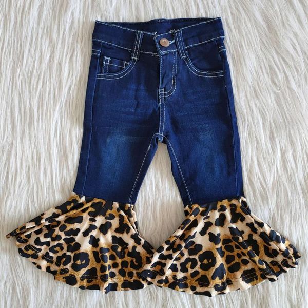 

toddler kids jeans for girls navy leopard bell bottoms with button baby pants trousers, Blue