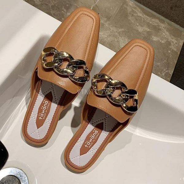 

summer women's slippers flats metal chain ladies slides square toe beach slip on female footwear zapatillas mujer, Black