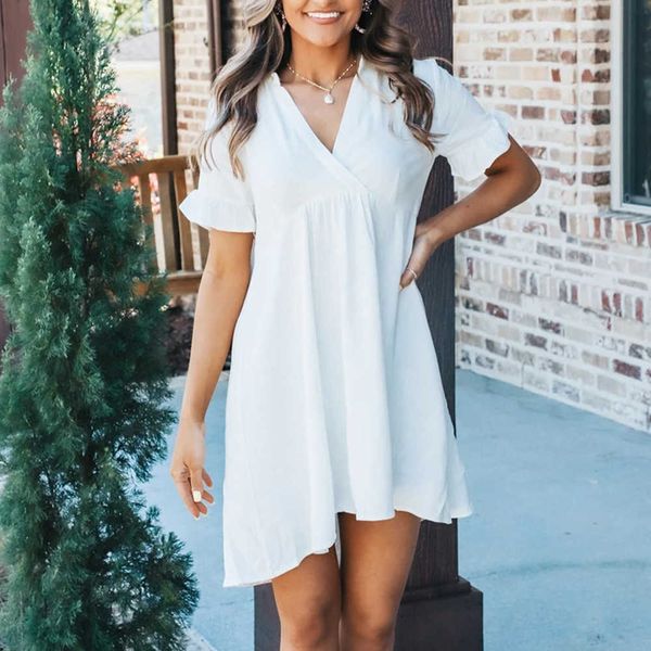 

summer white shirt dresses v neck butterfly short sleeve irregular a-line woman casual loose office lady 210526, Black;gray