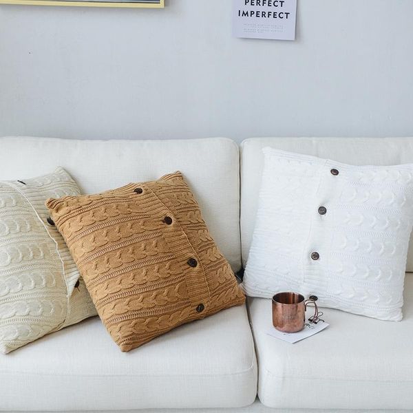 

cushion/decorative pillow nordic style cotton knitted cushion cover coffee white ivory case fashion 45cm*45cm home decoration button open