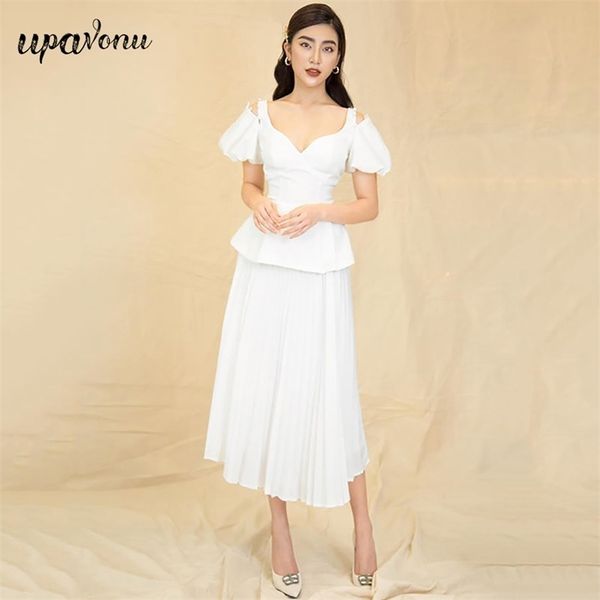 Free Ladies Summer White Dress Set Elegante scollo a V Lanterna manica corta Slim Top A-line Midi Gonna a due pezzi 210524