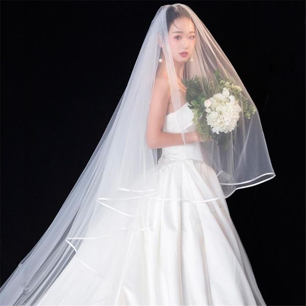 

bridal veils long cathedral weeding 3.5m white ivory tulle veil with comb satin edge voiles mariage velos de novia 2021, Black