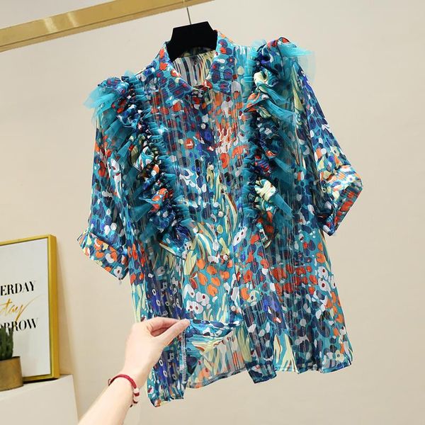 

women's blouses & shirts hit colors print ladies summer 2021 chiffon women shirt camisas mujer female turn-down collar short sleeve bu, White