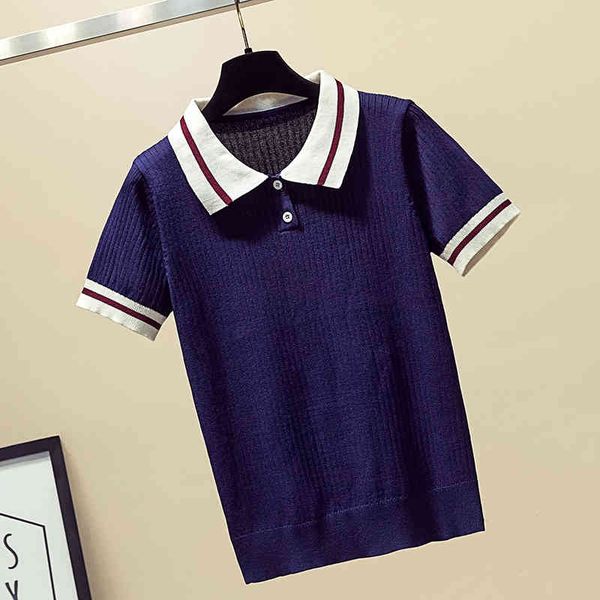 

fashion women's knitwear spring/summer short sleeve t-shirt college wind lapel casual 210520, White