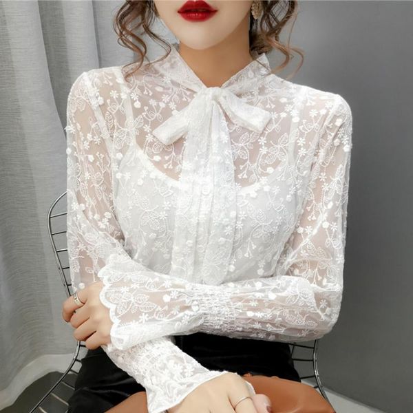 

women's blouses & shirts fashion woman 2021 long sleeve blouse women bow collar hollow lace white shirt womens and c730