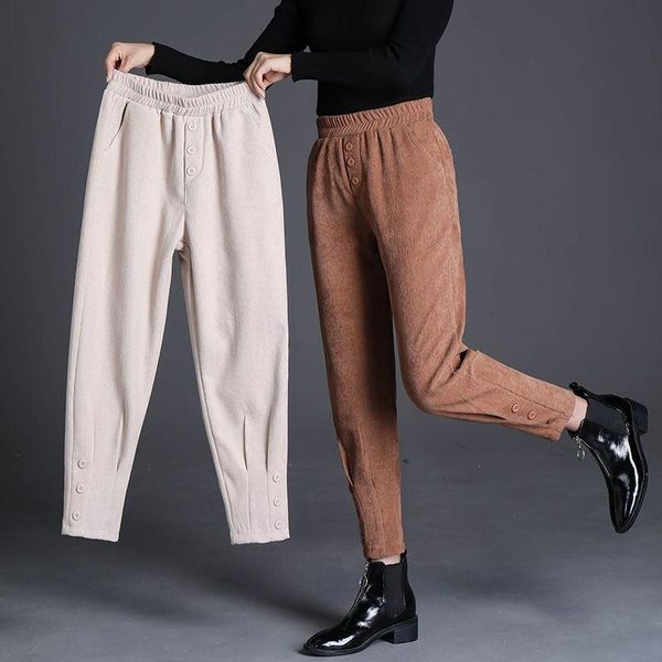 

women's pants & capris elegant high-quality loose harem women elastic waist trouser female mom casual plus velvet thick high corduroy, Black;white