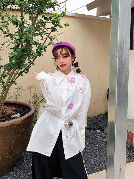

women's blouses & shirts white long sleeved shirt for women 2021 summer korean style flowers female oversized button up