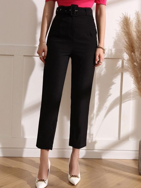 

solid belted carrot pants x4tb#, Black;white