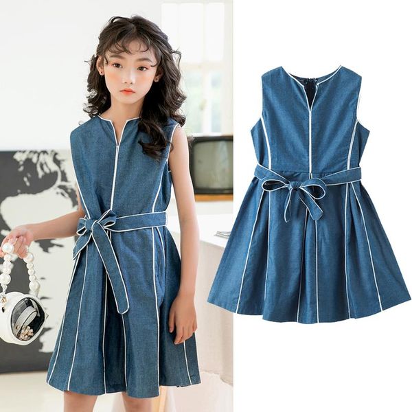 

summer cowboy dress for girl denim clothing big kids casual cotton with waistband princess costume girl's dresses, Red;yellow