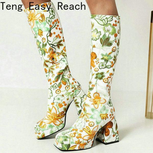 

boots 2021 women knee high platform thick heel ladies calf pu leather embroider square toe women's white green, Black