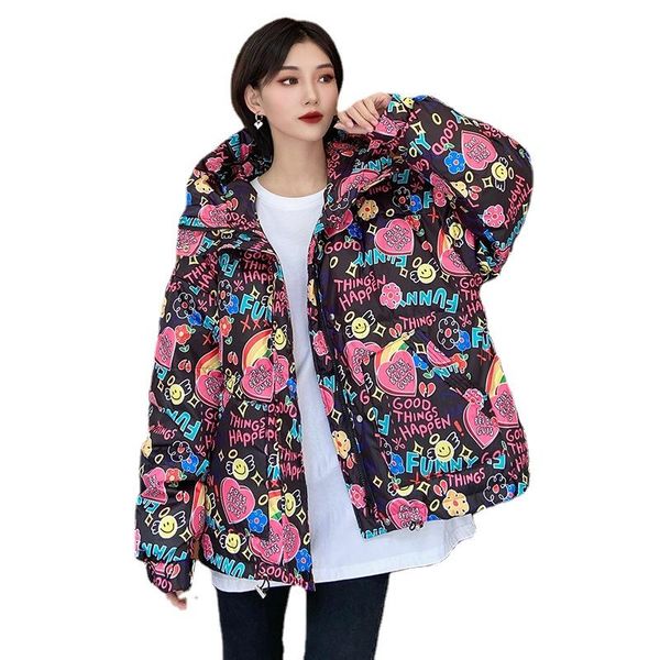 

women's jackets winter down jacket women clothes print padded coat fashion style zipper short parka outerwear parkas mujer, Black;brown
