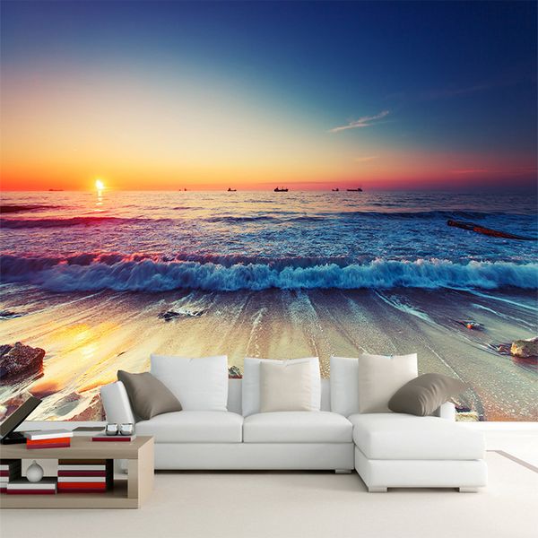 Romantische Meer Strand Sonnenuntergang Landschaft 3D Stereo Foto Wandbild Tapete Wohnzimmer Sofa Esszimmer Hintergrund Wandmalereien Wohnkultur
