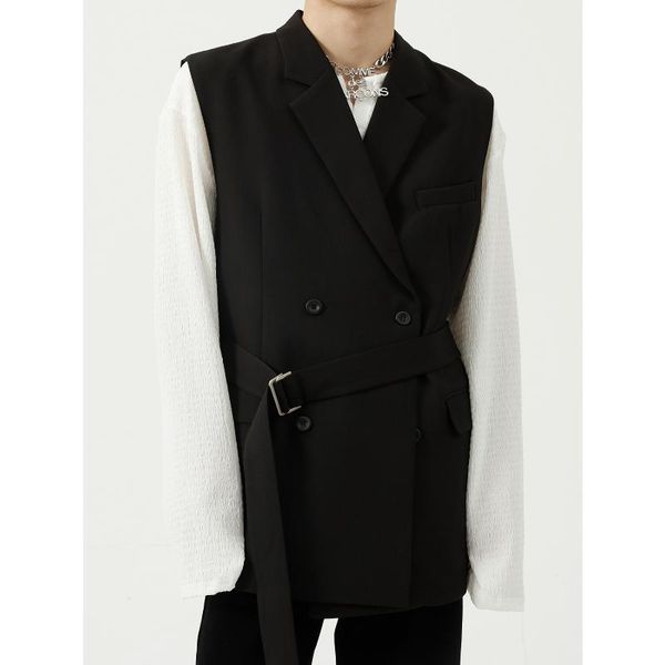 

men's vests korean fashion sleeveless suit vest jacket streetwear casual double breasted belt blazer coat male waistcoat, Black;white
